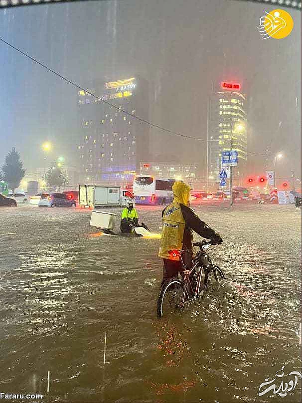 (فیلم) سیل در سئول؛ ایستگاه قطار و خودرو ها زیر آب رفت